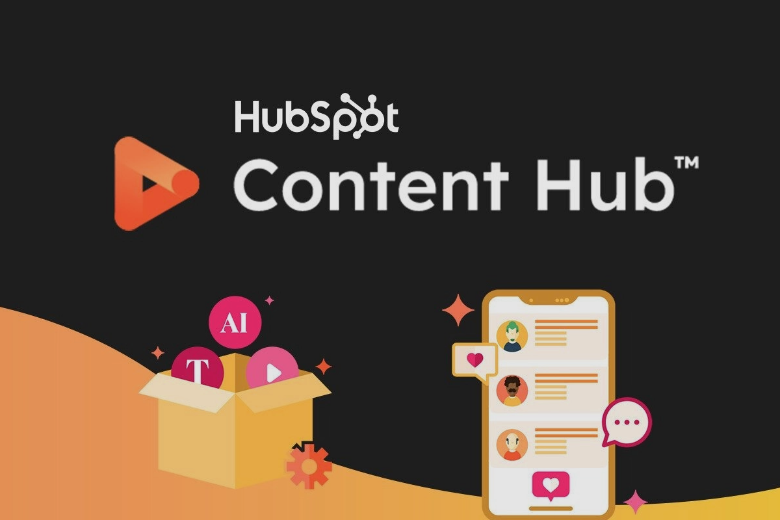 HubSpot Content Hub banner showing AI‑powered tools and mobile content interface for modern content management.